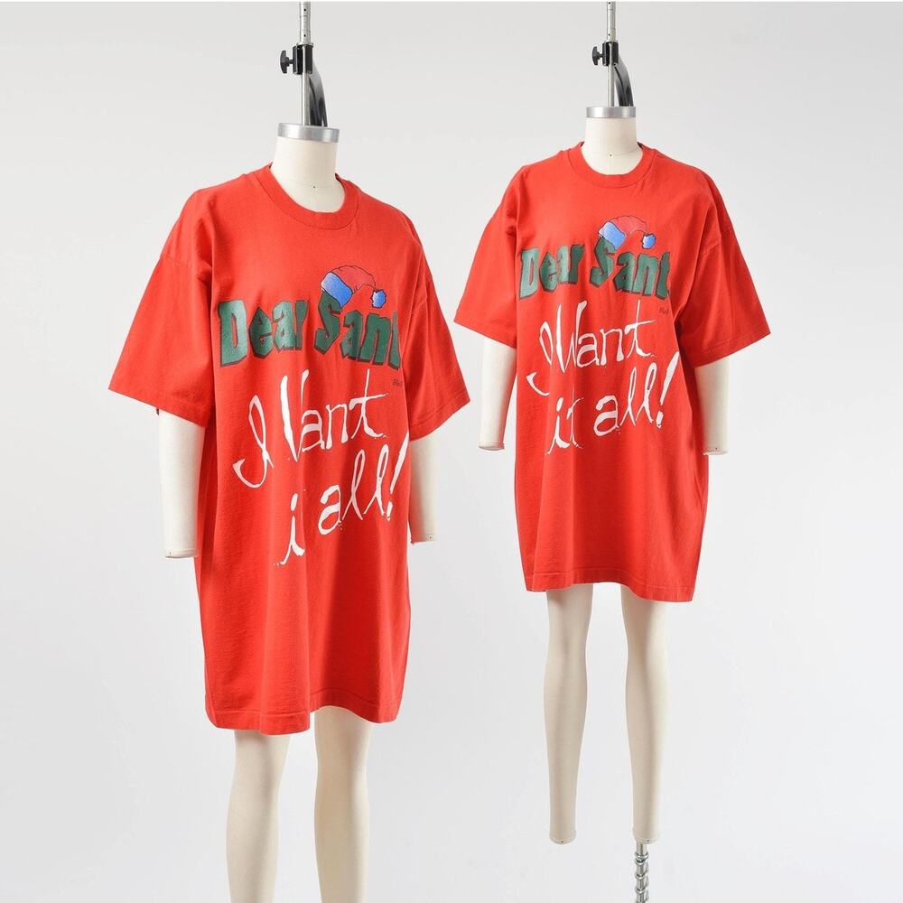 Vintage 80s Red Christmas T-shirt Dress Pajama Nightgown Tee Shirt One Size